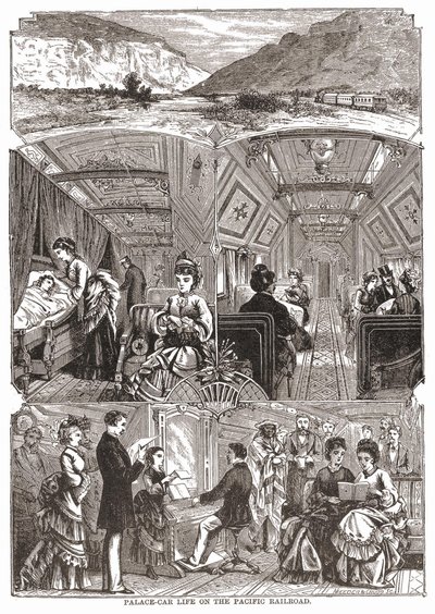Paleiswagenleven op de Pacific Railroad, gravure 19e eeuw. door Unknown artist