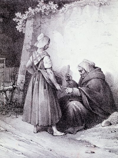 Handlijnkunde: een oude waarzegger leest de hand van een jong meisje (Gravure) door Unknown artist