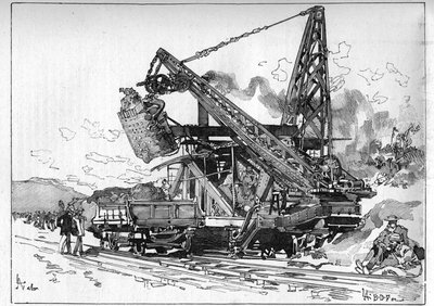 Werken aan het Panamakanaal. Hoofdwerktuigen: Osgood graafmachine. Gravure in "Le Monde Illustré" door Unknown artist