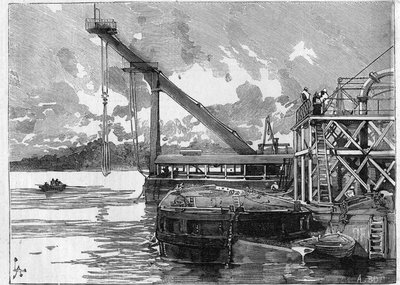 Werken aan het Panamakanaal. Hoofdwerktuigen: de Bigue ponton. Gravure in Le Monde Illustré door Unknown artist