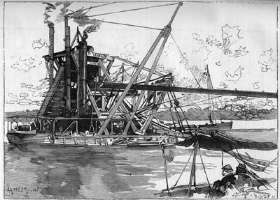 Werken aan het Panamakanaal. Hoofdwerktuigen: de grote Amerikaanse bagger. Gravure in "Le Monde Illustré" door Unknown artist