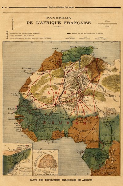 Panorama van Frans Afrika, kaart van Franse expedities in Afrika. Gravure in Le petit journal 5/03/1894. Selva