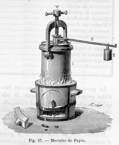 Papin-pot (voorloper van de snelkookpan) - gravure door Unknown artist