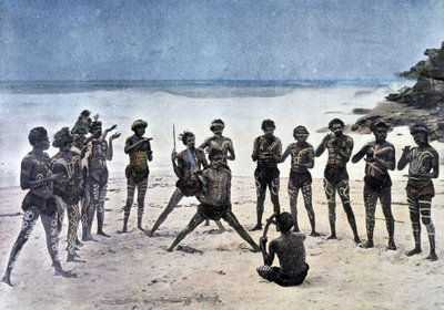 Papoea-dans op het strand naast het dorp Karapuna (Nieuw-Guinea) door Unknown artist