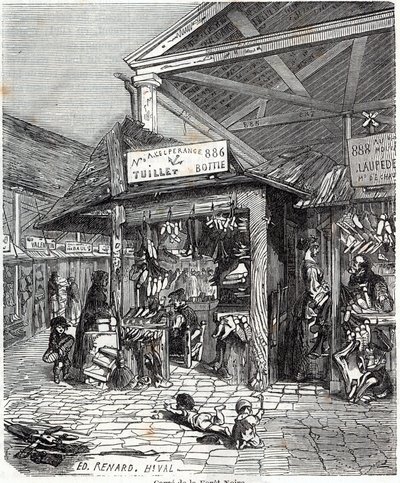 Parijs 3e arrondissement - Carre de la Foret-Noire: verkoop van leer en schoenen in Le Carreau du Temple in de 19e eeuw - Gravure in 