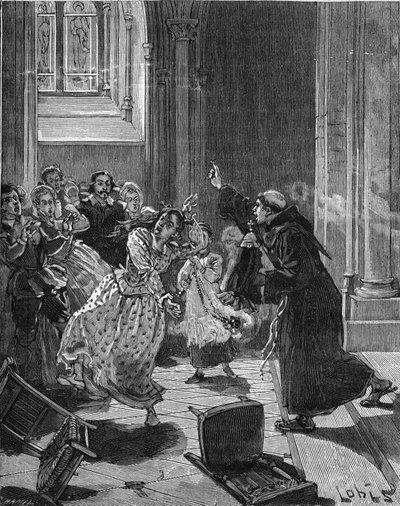 Parijs, Kerk Sainte Genevieve (Sainte-Genevieve) (1599): een kapucijner monnik probeert een vrouw, Martha, die beweert bezeten te zijn door de duivel, te exorciseren. Gravure uit de 19e eeuw. In 