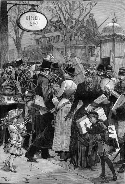 Parijs: Pakketweek: Parijzenaars winkelen en kopen speelgoed voor kerstcadeaus. Gravure in "Le Monde Illustré" door Unknown artist