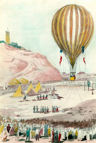Belegering van Parijs in 1870: uitzicht op een van de ballonnen die werden gebruikt voor communicatie met de buitenwereld in Parijs. Aquarel uit de 19e eeuw Privécollectie door Unknown artist