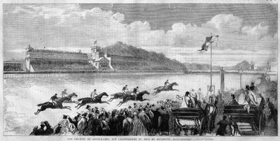 Parijs, race op de Longchamps renbaan in het Bois de Boulogne, vergroot en ontworpen door Haussmann en ingehuldigd in 1857, in 