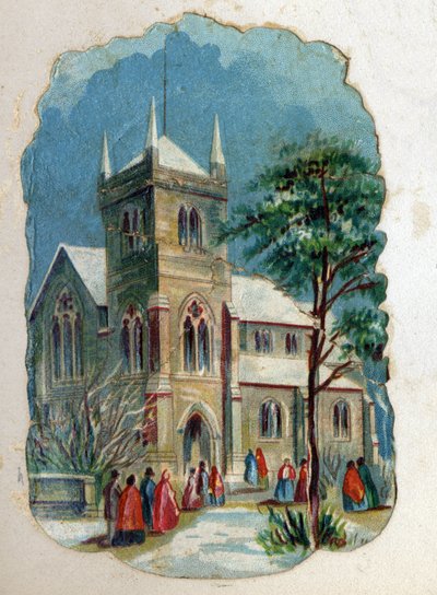 Parochianen gaan naar een kerk voor de zondagsmis. Chromolithografie rond 1890. door Unknown artist