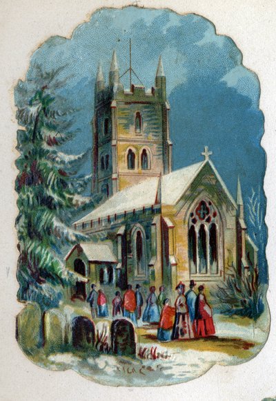 Parochianen op weg naar een kerk voor de zondagmis. Chromolithografie rond 1890 door Unknown artist