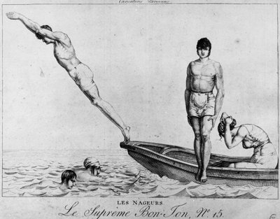 Parijse cartoon: zwemmers, mannen die van een boot duiken - de supreme Bon-Ton, nr. 15, Musée Carnavalet door Unknown artist