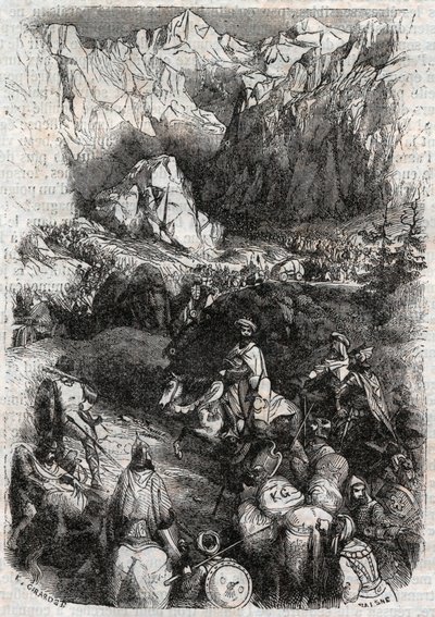 Oversteek van de Pyreneeën door de Moren - gravure van 1851 uit 