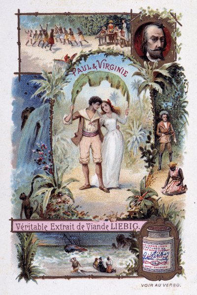 Paul en Virginia. Roman door Henri Bernardin de Saint Pierre (Saint-Pierre of St-Pierre), Franse schrijver (1737-1814). Illustratie door V. Massé - Liébig reclame vignet door Unknown artist
