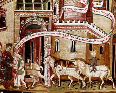 Betaling van de zoutbelasting bij de ingang van de stad (gabelle). Miniatuur uit het manuscript (Ms. H V-5) 