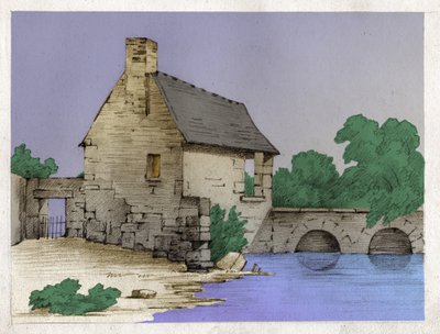 Boerenhuis aan de rand van een rivier (tekening, circa 1830) door Unknown artist