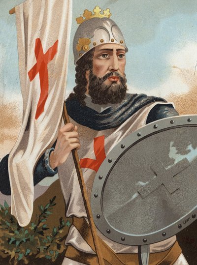 Pelagius van Asturië - Pelayo de Veroveraar - Portret van Pelayo, koning van Asturië en hoofd van de Visigoten. Na hombres y Mujeres celebres. Barcelona 1877 door Unknown artist