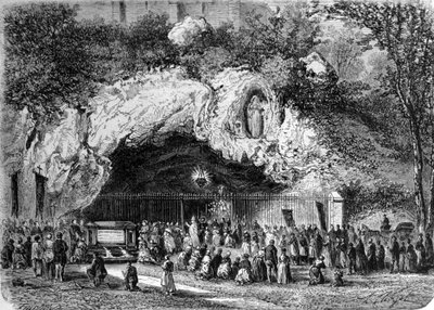 Pelgrims voor de wonderbaarlijke grot van Lourdes in de Hoge Pyreneeën waar de Maagd verscheen aan Bernadette Soubirous (1844-1879) in 1858, huidige bedevaartplaats. Gravure uit de 19e eeuw door Unknown artist