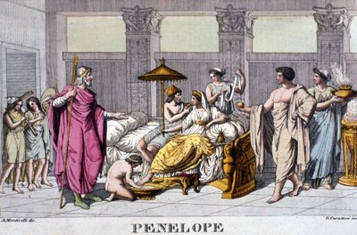 Penelope in zijn paleis. Gravure uit de 19e eeuw door Unknown artist