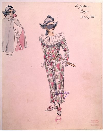 Peppe kostuum gekleed als Harlekijn voor de opera Paillasse (pagliacci, clowns) door Ruggero Leoncavallo (1857-1919) uit 1892. Parijs, Bibliotheek van het Opera Museum door Unknown artist