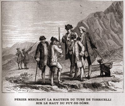 Perier meet de hoogte van de barometer (kwikbuis) door Evangelista Torricelli op de top van de Puy-de-Dôme op 20 september 1618 (gravure 19e eeuw, Bianchetti collectie) door Unknown artist