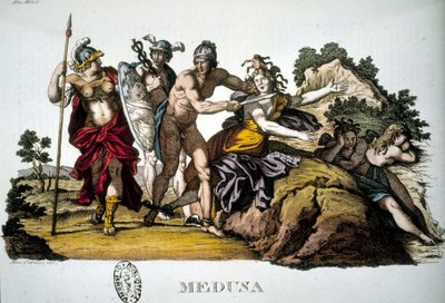 Perseus en de Medusa, een van de drie Gorgonen - in Dizionario mitologico door Unknown artist