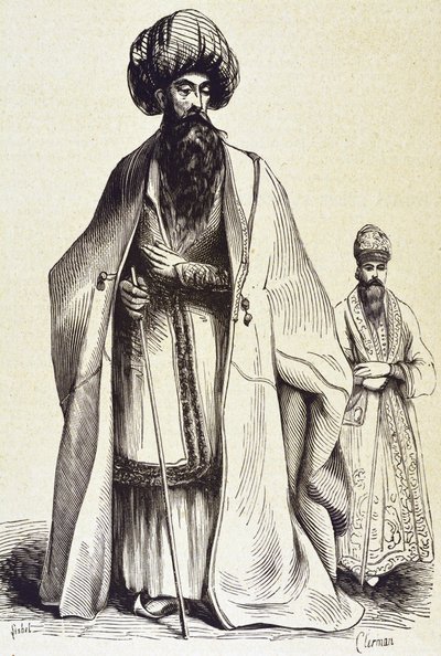 Perzië (19e eeuw). Mollach en ceremoniemeester. Gravure door Unknown artist