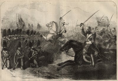 Perzisch-Anglo (Anglo-Perzische) Oorlog (1856-1857): de aanval van de 3e Britse Indo-cavalerie onder bevel van kapitein Forbes tijdens de Slag bij Koosh-Ab op 8 februari. door Unknown artist