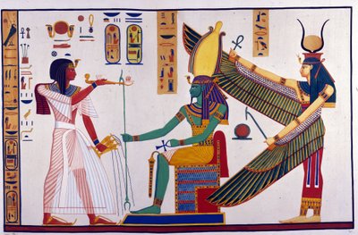 Farao Ramses IV brengt offers aan Ptah-Sokari-Osiris. Achter Osiris staat Isis door Unknown artist