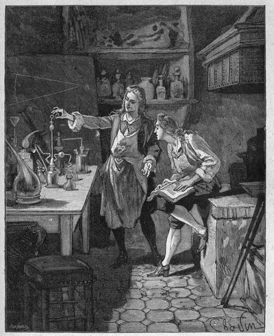 Filips II, hertog van Orléans (1674-1723) doet chemie met Humbert. Gravure uit de 19e eeuw. In 