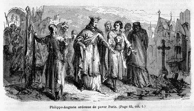 Philippe Auguste beveelt Parijs te plaveien in de 12e eeuw - gravure door Unknown artist