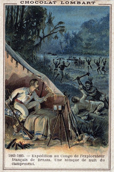 Pierre Savorgnan de Brazza (1852-1905), Franse ontdekkingsreiziger, aan de oevers van de Congo. Een nachtelijke aanval op het kamp. door Unknown artist