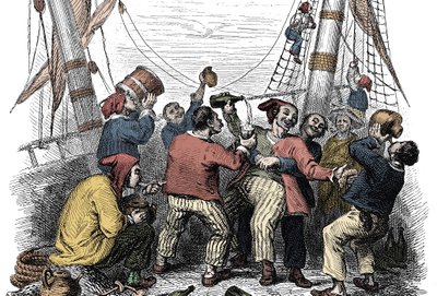 Piraten vieren de verovering van een rijke buit na de aanval op een vijandelijk schip. Gravure uit de 19e eeuw door Unknown artist