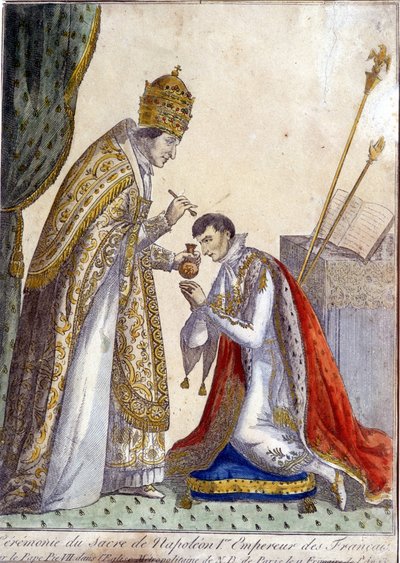 Pius VII (Pius of Pio) (1742-1823) zalfde Napoleon I tijdens de kroning van de Franse keizer op 2 december 1804 in de Notre Dame de Paris - 19e-eeuwse gravure door Unknown artist