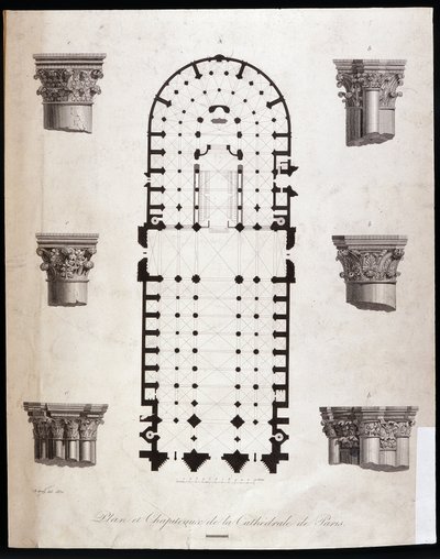 Plattegrond en kapitelen van de kathedraal Notre Dame in Parijs. 19e eeuw door Unknown artist