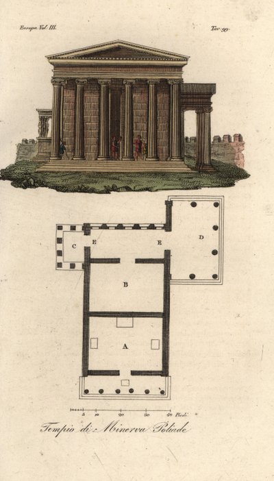 Plattegrond en elevatie van het Erechtheion of Erechtheum A, Tempel van Neptunus B, Tempel van Minerva Polias met Portiek van de Kariatiden C, en Tempel van Pandrosus of Pandrosion D door Unknown artist