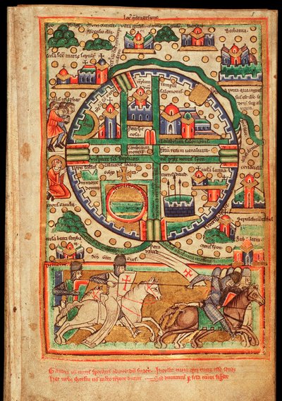 Plan van Jeruzalem (Israël) - Aquarel op perkament, fragment uit een psaltermanuscript, circa 1200 door Unknown artist