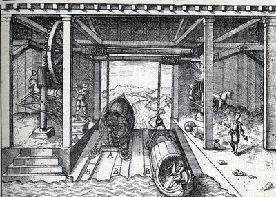 Hellend vlak voor boten in de 16e eeuw op de lagunes van de Brenta (rivier) in Noord-Italië. Gravure in 