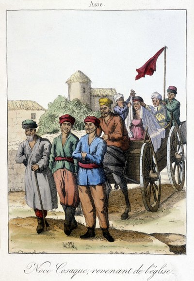 Plaat uit 1811 die een groep Kozakken toont die terugkeren van de kerk na een bruiloft door Unknown artist