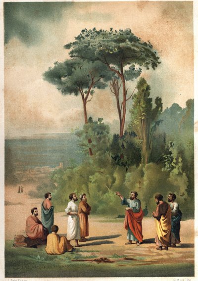Plato en zijn discipelen in de tuinen van de Academie. naar hombres y Mujeres beroemd. Barcelona 1877 door Unknown artist