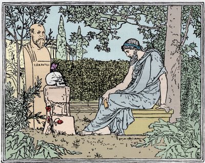 Plato mediteert over onsterfelijkheid voor Socrates, de vlinder, schedel en papaver rond 400 v.Chr. - gravure 19e eeuw door Unknown artist
