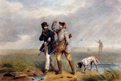 Aangenaam jachtspel twee jagers praten. Lithografie van de 19e eeuw Gien, jachtmuseum door Unknown artist