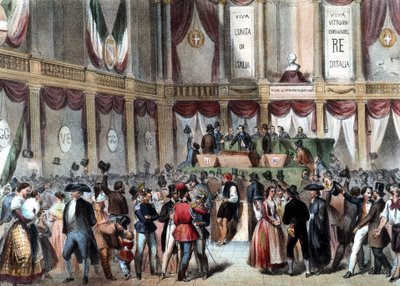 Volksraadpleging voor de annexatie van het Koninkrijk Napels bij Italië in 1860. Op de achtergrond: Viva Vittorio Emmanele Re D