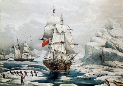 Pool Expeditie in het Noordpoolgebied: Engelse en Amerikaanse schepen vast in het ijs (19e-eeuwse prent) door Unknown artist