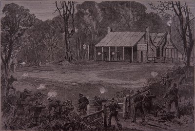 Politie opent het vuur op de Kelly Gang in het Glenrowan Hotel, 28 juni 1880 door Unknown artist