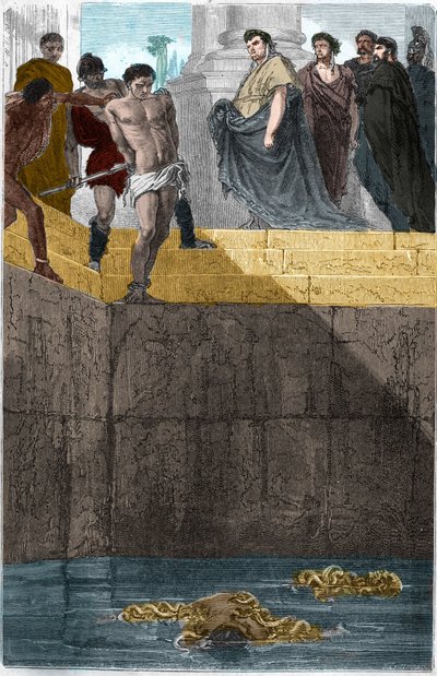 Pollion Vedius, Romeinse gastronoom, beroemd om zijn wreedheid jegens zijn slaven. Om hen te vangen, gooide hij ze levend naar zijn murenen. Op een dag at Augustus bij hem thuis, dus liet hij een slaaf vallen, schuldig aan het breken van een beker. door Unknown artist