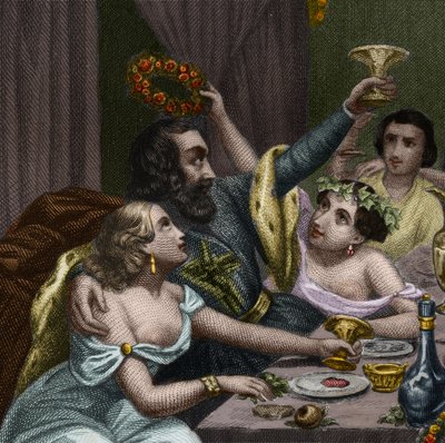 Paus Alexander VI (1431-1503) (Alessandro, Rodrigo Borgia) viert het huwelijk van zijn dochter Lucrece Borgia (Lucrezia) met 50 courtisanes in het Vaticaan. Gravure uit 1842 in Histoire des popes: crimes, murders, poisonings, parrici. door Unknown artist