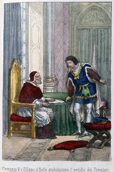 Paus Clemens V en Filips IV de Schone, koning van Frankrijk, besloten de Tempeliers te elimineren door Unknown artist