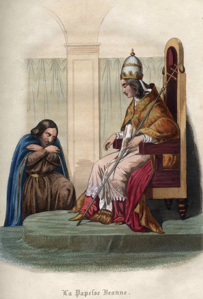 Paus Johanna, die regeerde tussen 855 en 858, gekleed in pauselijke gewaden. Pausin Johanna (pontificaat van 855 tot 858) in pontificale kleding. Gravure uit 1842 in 