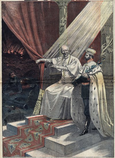 Paus Leo XIII (1810-1903) toont de Russische tsaar Nicolaas II (1868-1918) de verschrikkingen van de oorlog. De laatste stelt dan ontwapening voor. Illustratie in 
